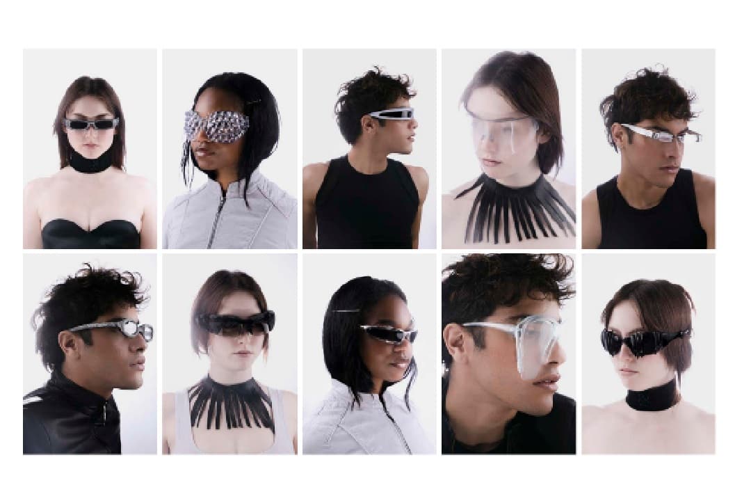 Artistic image of models wearing experimental glasses creating sensory experiences